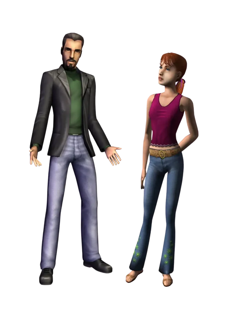 A promotional render for The Sims 2 showing two Sims posing against a dark blue background. On the left, an adult Sim with short dark hair and facial hair is wearing a dark blazer over a green shirt and grey pants, standing with their hands open slightly. On the right, a teenage Sim with reddish hair tied back in a ponytail is wearing a pink tank top and blue jeans with green star patterns on the lower legs, standing with their hands resting near their hips.