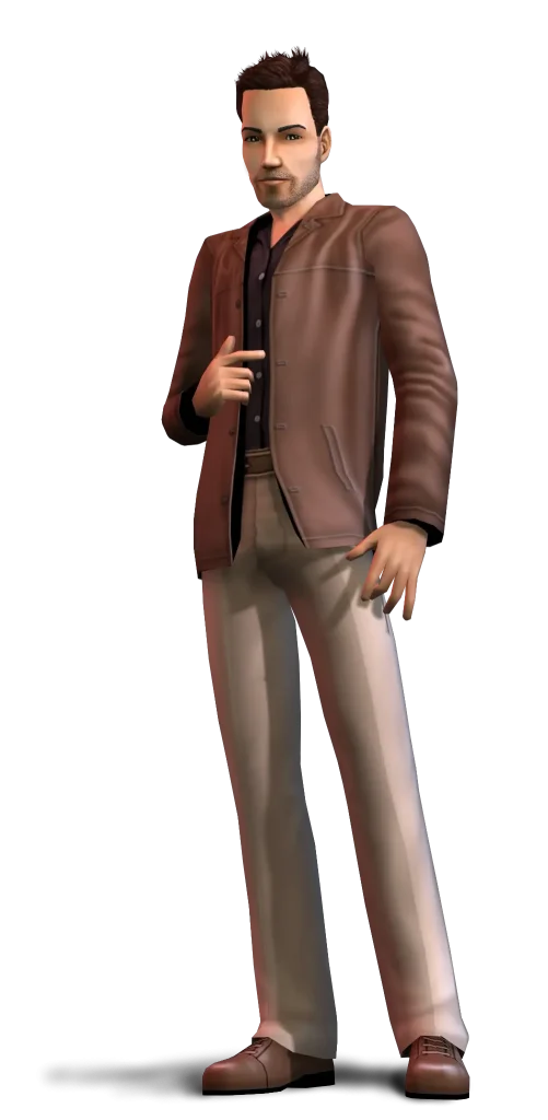 A promotional render for The Sims 2 showing a Sim with short brown hair and stubble. They are wearing a brown jacket over a black button-down shirt and tan pants, posing with one hand slightly raised and the other resting near their hip, set against a transparent background.