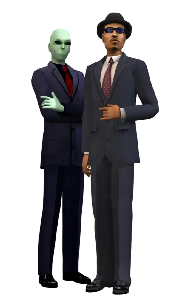 A promotional render for The Sims 2 showing two Sims posing together against a dark blue background. On the left, a green alien Sim is wearing a dark suit and a red tie, standing with their arms crossed. On the right, a Sim with a goatee is wearing a dark pinstripe suit, a patterned tie, dark sunglasses, and a fedora, posing casually with one hand near their waist.