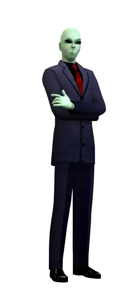 A promotional render for The Sims 2 showing a green alien Sim against a dark blue background. They are standing with their arms crossed, wearing a dark business suit over a black shirt with a red tie