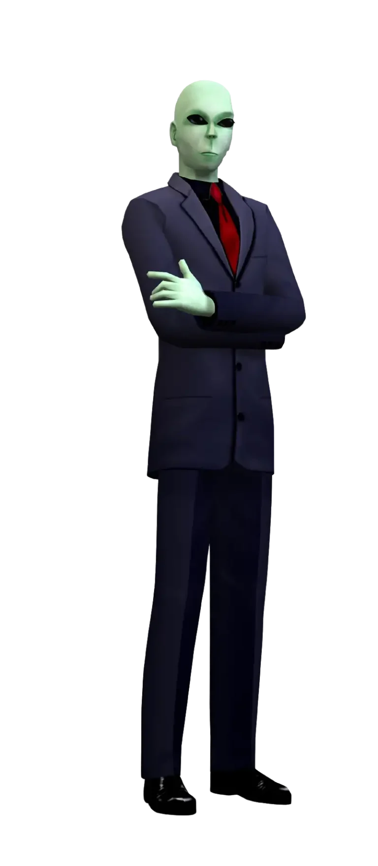 A promotional render for The Sims 2 showing a green alien Sim against a dark blue background. They are standing with their arms crossed, wearing a dark business suit over a black shirt with a red tie