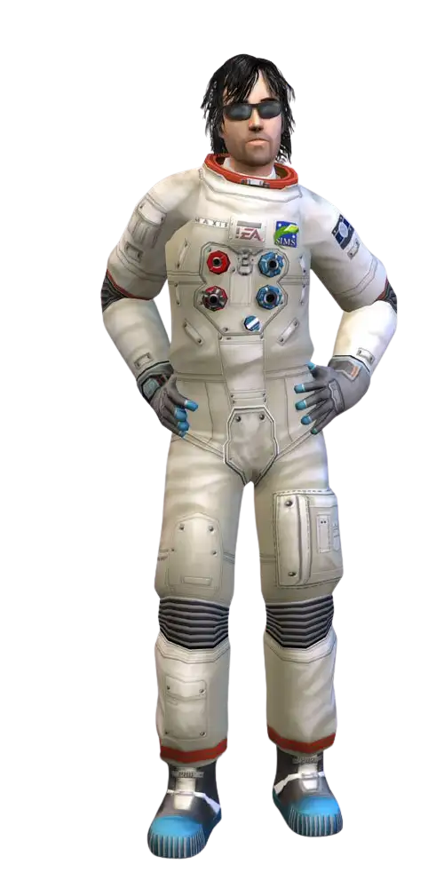 A promotional render for The Sims 2 showing a Sim dressed as an astronaut against a dark blue background. They have messy dark hair and are wearing dark sunglasses along with a detailed white spacesuit featuring various colored connection ports on the chest. They are standing confidently with their hands resting on their hips.