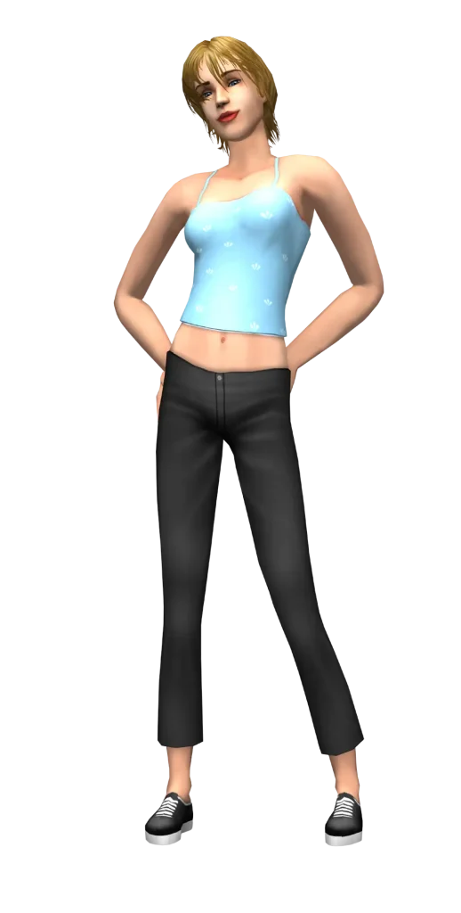 A promotional render for The Sims 2 showing a Sim against a dark blue background. They have short blonde hair and are wearing a light blue spaghetti-strap top with small white patterns and black pants. They are posing confidently with a slight smile, resting their hands behind their back near their hips.