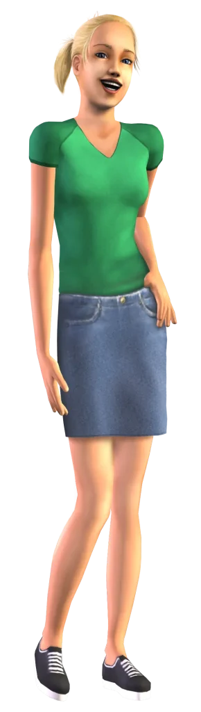 A promotional render for The Sims 2 showing a Sim with blonde hair pulled back into a ponytail. They are smiling brightly and wearing a green v-neck t-shirt with a hint of a blue denim skirt visible at the bottom, set against a transparent background.