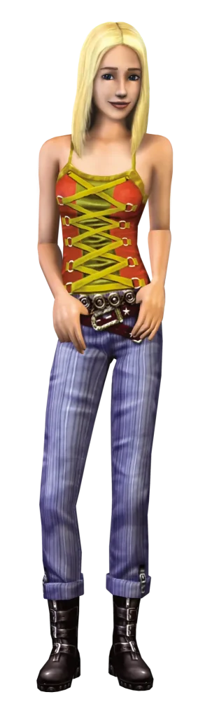 A promotional render for The Sims 2 showing a Sim with straight blonde hair. They are smiling and wearing a red top featuring yellow corset-style lacing and a studded belt, set against a dark blue background.