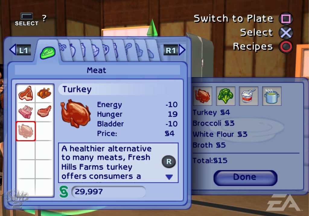 the-sims-2-console-turkey-recipe-selection-menu-screenshot