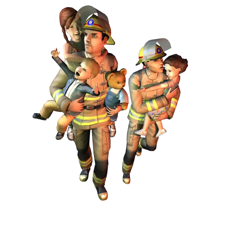 A promotional render for The Sims 2 showing two firefighters in full yellow turnout gear and helmets rescuing a family against a dark blue background. The firefighter on the left is carrying an adult on their back and holding a young child with a teddy bear in their arms. The firefighter on the right is carrying another small child in their arms.