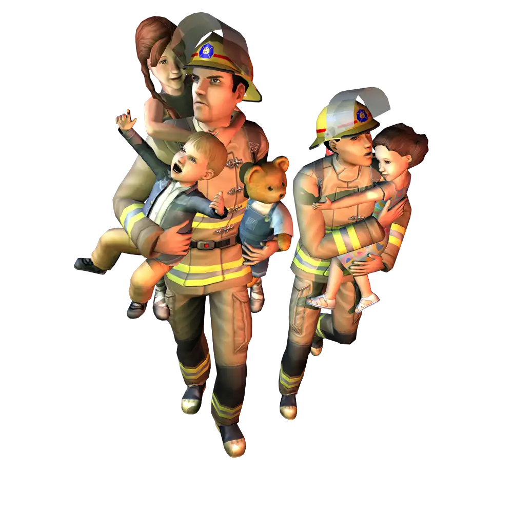 A promotional render for The Sims 2 showing two firefighters in full yellow turnout gear and helmets rescuing a family against a dark blue background. The firefighter on the left is carrying an adult on their back and holding a young child with a teddy bear in their arms. The firefighter on the right is carrying another small child in their arms.