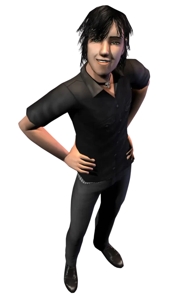 A promotional render for The Sims 2 showing a Sim against a dark blue background. They have messy black hair and pale skin, and are wearing a black short-sleeved button-up shirt, dark jeans, black shoes, and a silver skull necklace. They are smiling and standing confidently with their hands resting on their hips.