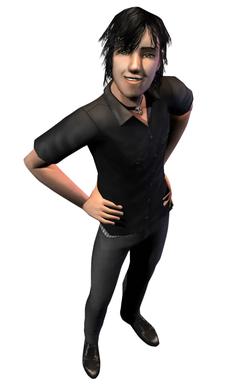 A promotional render for The Sims 2 showing a Sim against a dark blue background. They have messy black hair and pale skin, and are wearing a black short-sleeved button-up shirt, dark jeans, black shoes, and a silver skull necklace. They are smiling and standing confidently with their hands resting on their hips.