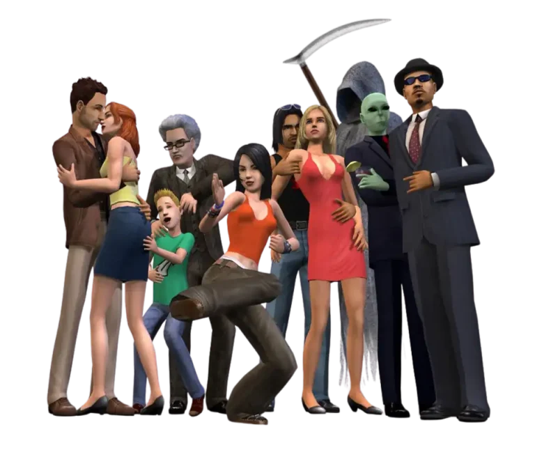 A promotional render for The Sims 2 showing a diverse group of Sims and supernatural characters posing together against a dark blue background. On the left, two Sims are embracing next to an older Sim with glasses and a child Sim. In the center, a Sim with dark hair is performing a high kick next to a Sim with long blonde hair wearing a red short dress. On the right side of the group stands the Grim Reaper holding a scythe, a green alien Sim in a suit, and a Sim with a goatee wearing a dark pinstripe suit, fedora, and sunglasses.