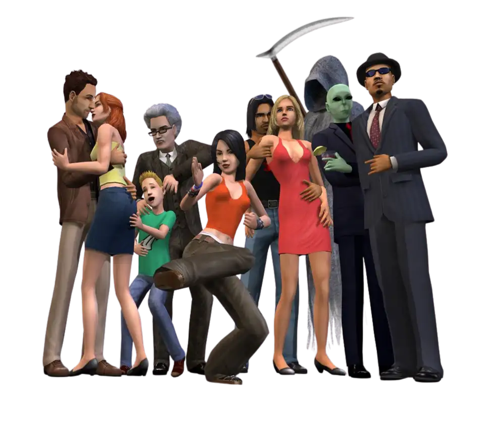 A promotional render for The Sims 2 showing a diverse group of Sims and supernatural characters posing together against a dark blue background. On the left, two Sims are embracing next to an older Sim with glasses and a child Sim. In the center, a Sim with dark hair is performing a high kick next to a Sim with long blonde hair wearing a red short dress. On the right side of the group stands the Grim Reaper holding a scythe, a green alien Sim in a suit, and a Sim with a goatee wearing a dark pinstripe suit, fedora, and sunglasses.