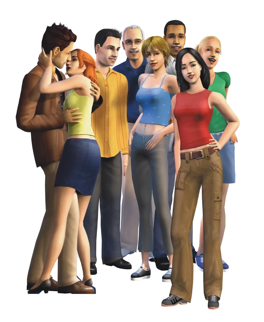 A promotional render for The Sims 2 showcasing a group of eight Sims posing together against a dark blue background in the classic, game-accurate style. On the left, two Sims are embracing affectionately. The rest of the group features a variety of Sims, including one in a yellow button-up shirt, an older Sim wearing a blue polo and glasses, a Sim in a blue tank top, a Sim in a green shirt, and a Sim in the front right posing confidently with a hand on their hip wearing a red tank top and brown cargo pants.