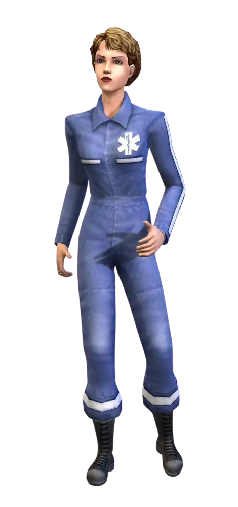 A promotional render for The Sims 2 showing a Sim dressed as a paramedic against a dark blue background. They have short brown hair and are wearing a light blue jumpsuit featuring a white Star of Life medical symbol on the left side of the chest and white stripes down the outer arms. They are standing casually with a neutral expression.