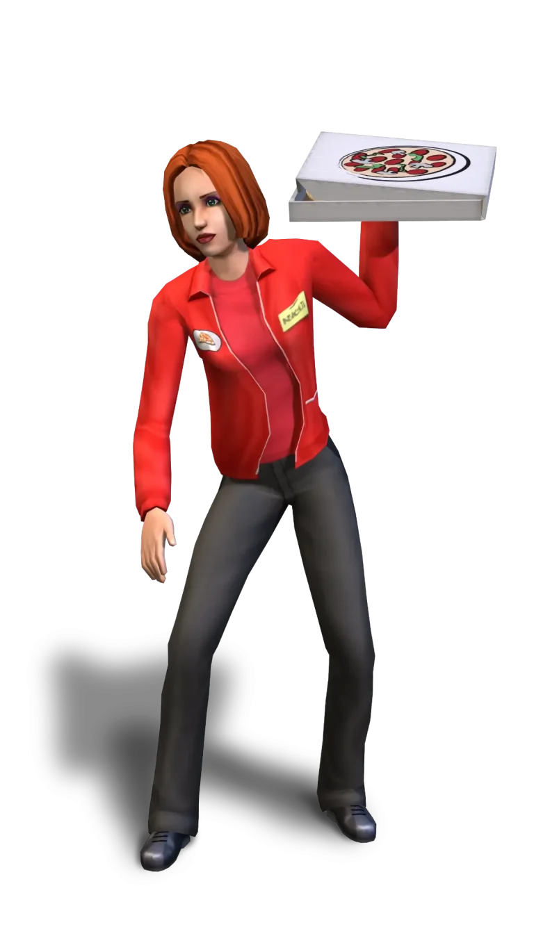 A promotional render for The Sims 2 showing a pizza delivery Sim against a dark blue background. The Sim has a short red bob haircut and is wearing a red collared jacket over a pink shirt, paired with dark pants. The jacket features a small pizza slice logo on the right side and a yellow name tag on the left. They are balancing a white pizza box, which has a large illustration of a pizza on its lid, on their raised left hand.