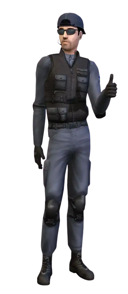 A promotional render for The Sims 2 showing a Sim dressed in a tactical police uniform against a dark blue background. They have a short dark beard and are wearing a backward dark cap, dark sunglasses, a black tactical vest with multiple pouches over a grey long-sleeved shirt, dark gloves, and grey cargo pants. They are standing casually and giving a thumbs-up gesture with one hand.