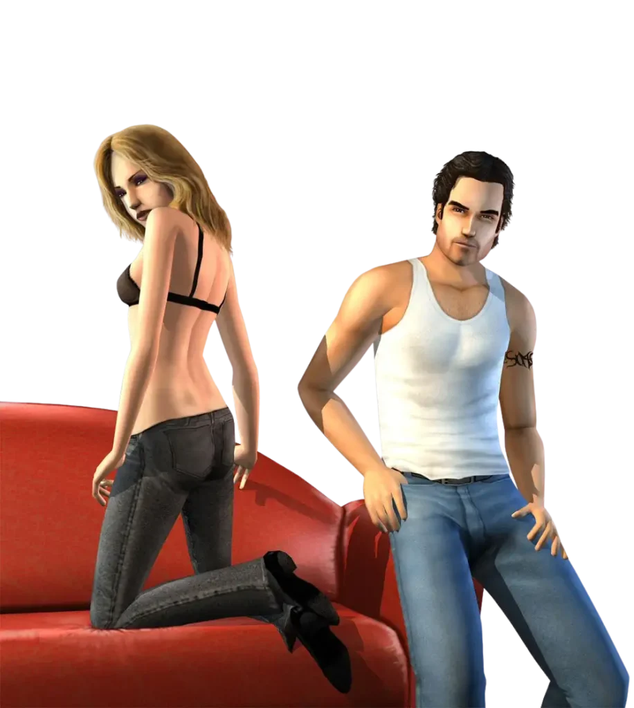 A promotional render for The Sims 2 showing two Sims posing with a red couch against a dark blue background. One Sim with long blonde hair, wearing a black bikini top and dark grey jeans, is kneeling on the couch and looking back over their shoulder. A second Sim with short dark hair, wearing a white tank top and blue jeans with a tattoo on their left arm, is leaning casually against the armrest of the couch.