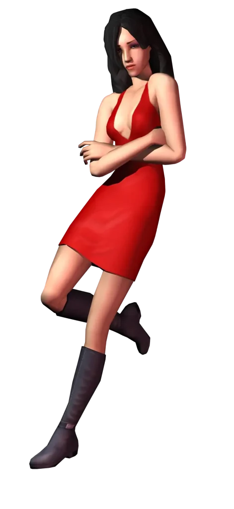 A promotional render for The Sims 2 showing a Sim against a dark blue background. They have long dark hair and are wearing a short red halter-style dress with a plunging neckline and black knee-high boots. They are standing with their arms crossed in front of them, looking slightly downwards.