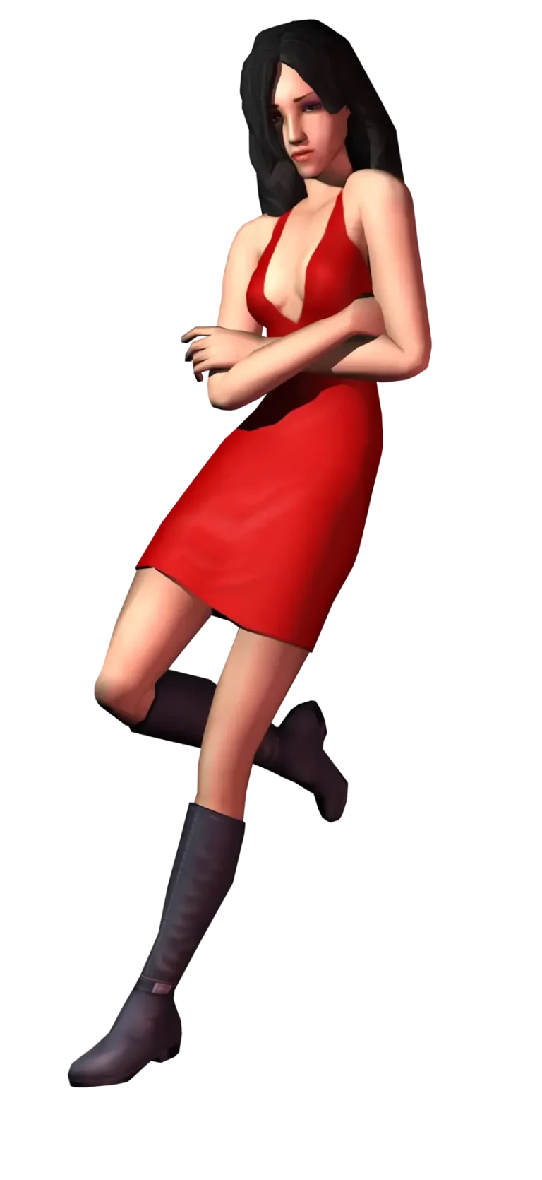 A promotional render for The Sims 2 showing a Sim against a dark blue background. They have long dark hair and are wearing a short red halter-style dress with a plunging neckline and black knee-high boots. They are standing with their arms crossed in front of them, looking slightly downwards.