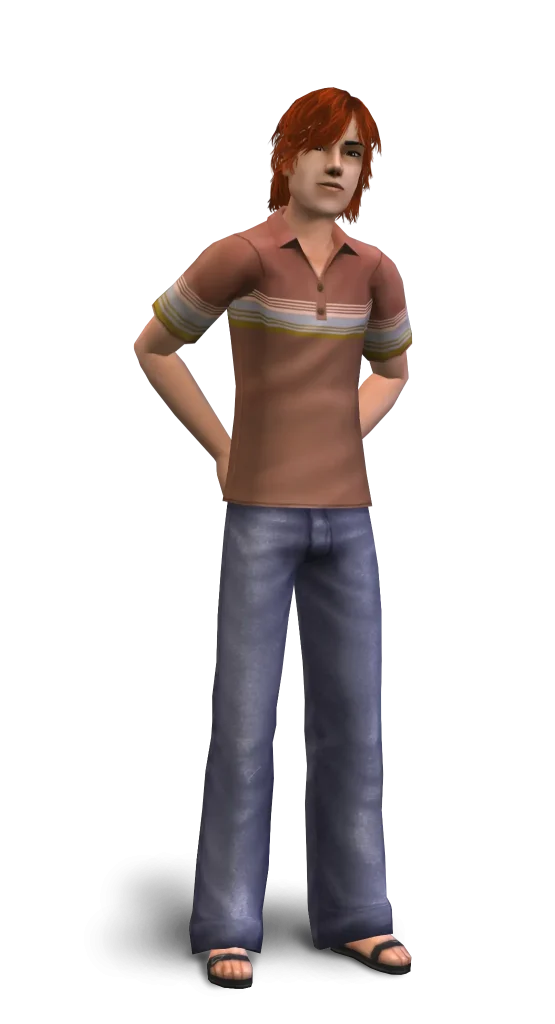 A promotional render for The Sims 2 showing a teenage Sim with messy red hair against a dark blue background. They are wearing a brown short-sleeved polo shirt with white and yellow stripes across the chest, along with blue jeans, and are standing casually with their hands clasped behind their back.