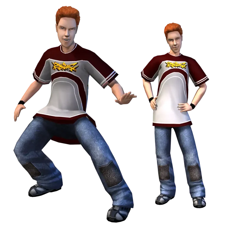 A promotional render for The Sims 2 showing a teenage Sim with short red hair against a dark blue background. The Sim is featured twice in the image: on the left, crouching dynamically with their hands extended, and on the right, standing casually with their hands resting on their hips. They are wearing a white and maroon short-sleeved t-shirt with a yellow graffiti-style logo, black wristbands, blue jeans with large rectangular patches on the lower legs, and black sneakers.