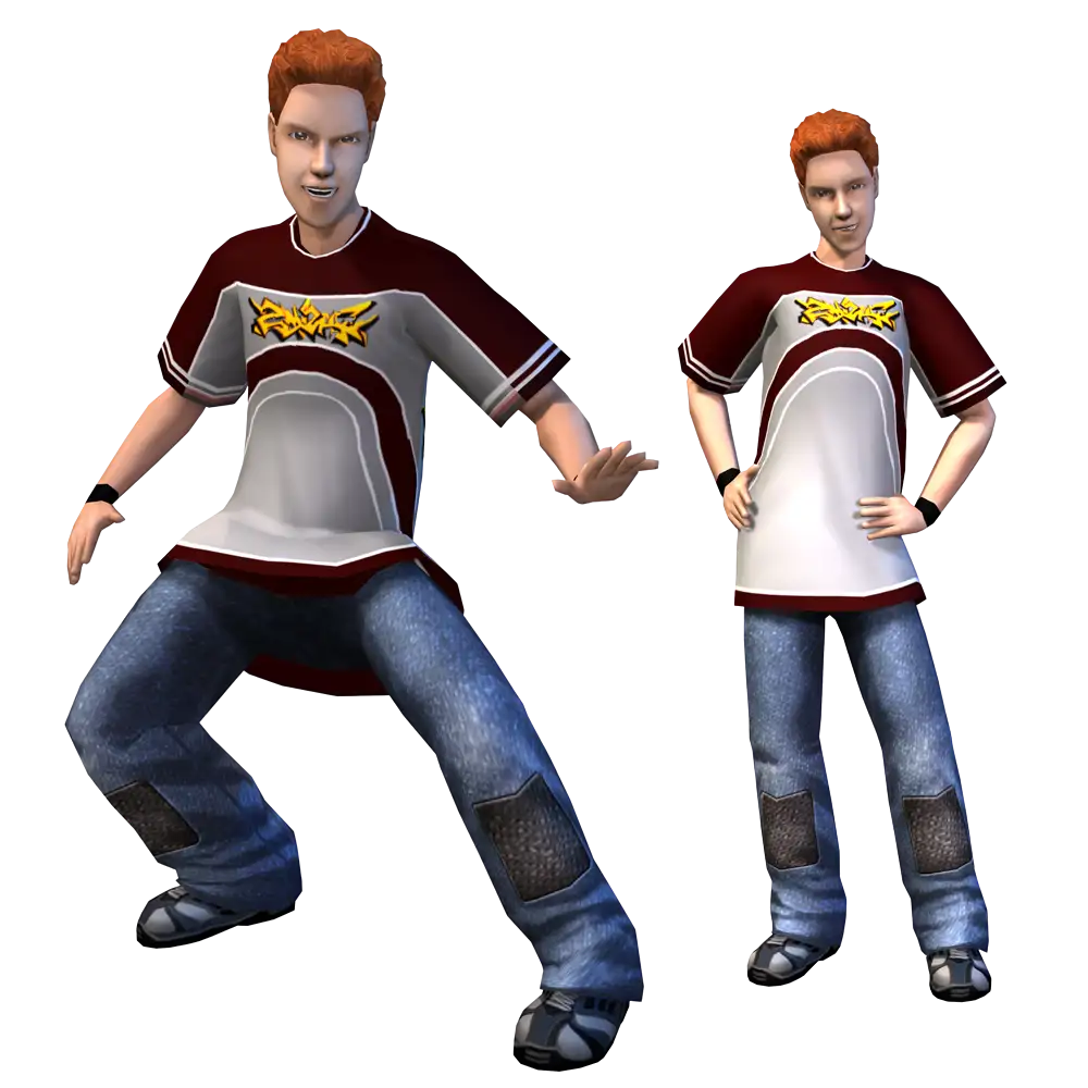 A promotional render for The Sims 2 showing a teenage Sim with short red hair against a dark blue background. The Sim is featured twice in the image: on the left, crouching dynamically with their hands extended, and on the right, standing casually with their hands resting on their hips. They are wearing a white and maroon short-sleeved t-shirt with a yellow graffiti-style logo, black wristbands, blue jeans with large rectangular patches on the lower legs, and black sneakers.