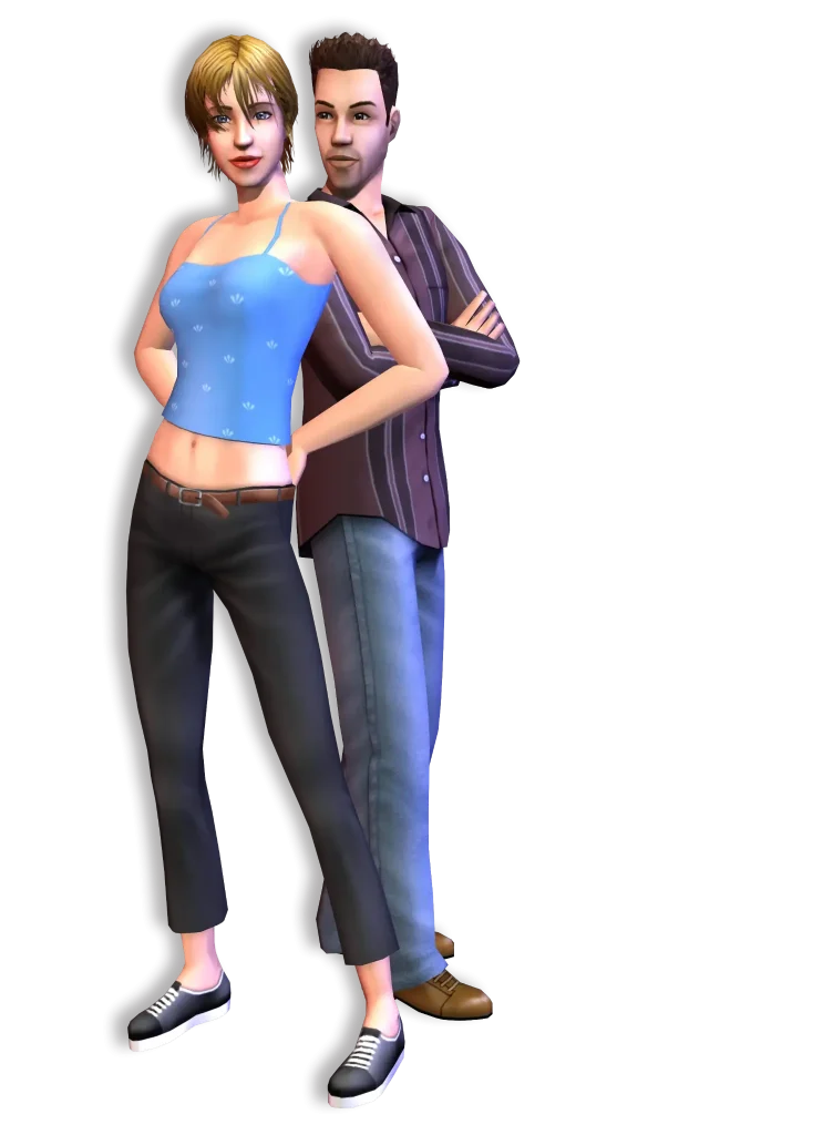 A promotional render for The Sims 2 showing two Sims posing together against a dark blue background in the classic, game-accurate style. In the foreground, a Sim with short blonde hair stands confidently with their hands on their hips, wearing a light blue patterned top, black capri pants, and black and white sneakers. Behind them, another Sim with short brown hair stands with their arms crossed, wearing a brown striped button-down shirt, blue jeans, and brown shoes.