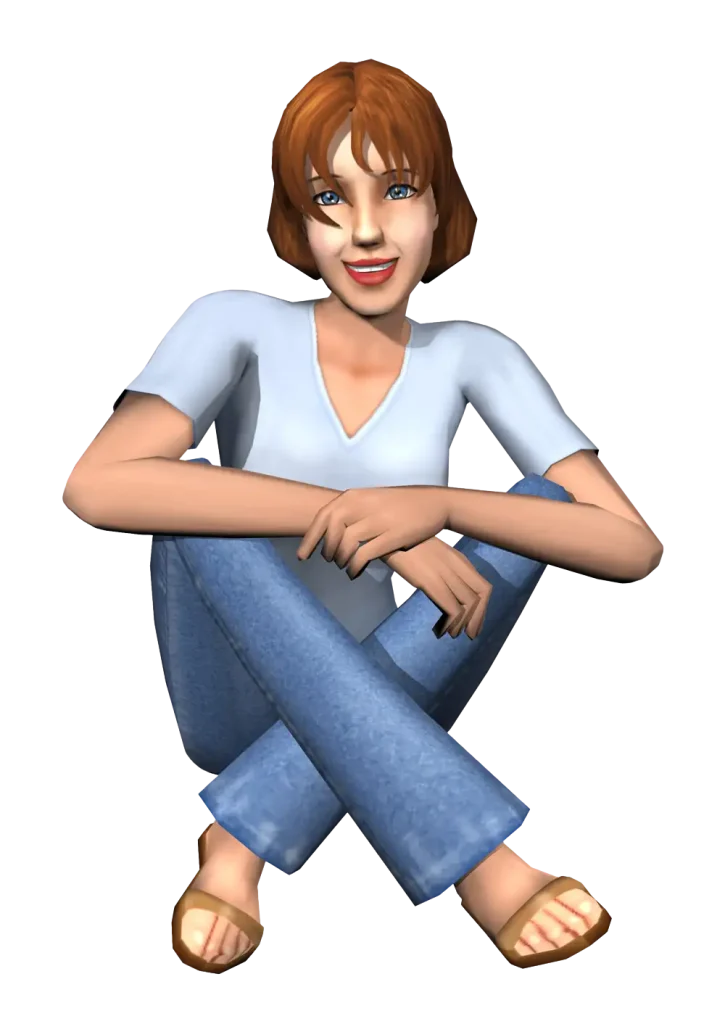 A promotional render for The Sims 2 showing a Sim sitting cross-legged against a dark blue background. They have short red hair and are smiling, wearing a white short-sleeved v-neck t-shirt, light blue jeans, and brown sandals. Their arms are resting casually across their legs.