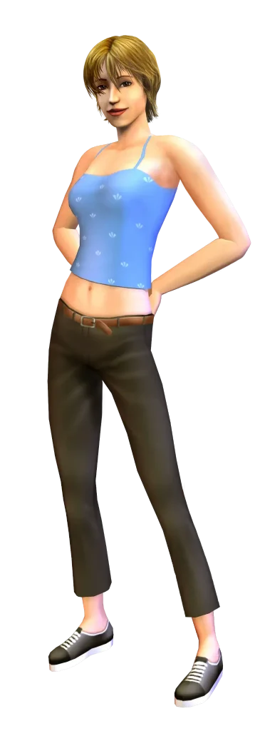 A promotional render for The Sims 2 showing a Sim with short blonde hair against a dark blue background. They are smiling and wearing a light blue spaghetti-strap top with small white patterns, dark brown pants, and a brown belt, posing casually with their hands resting near their waist.