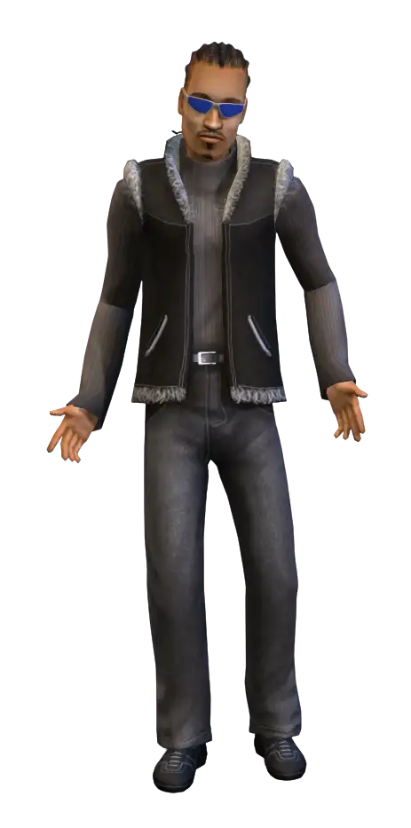 A promotional render for The Sims 2 showing a Sim against a dark blue background. They have braided hair pulled back and a goatee, and are wearing blue sunglasses, a grey turtleneck under a black vest with grey fur trim, a black belt, and dark grey jeans. They are standing casually with their arms slightly extended outwards and their palms facing forward.