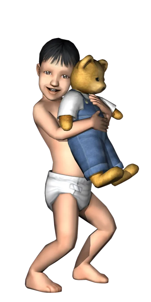 A promotional render for The Sims 2 showing a toddler Sim against a dark blue background. They have short dark hair and are wearing a white diaper. They are smiling brightly and holding a large yellow teddy bear, which is dressed in a white shirt and blue overalls.