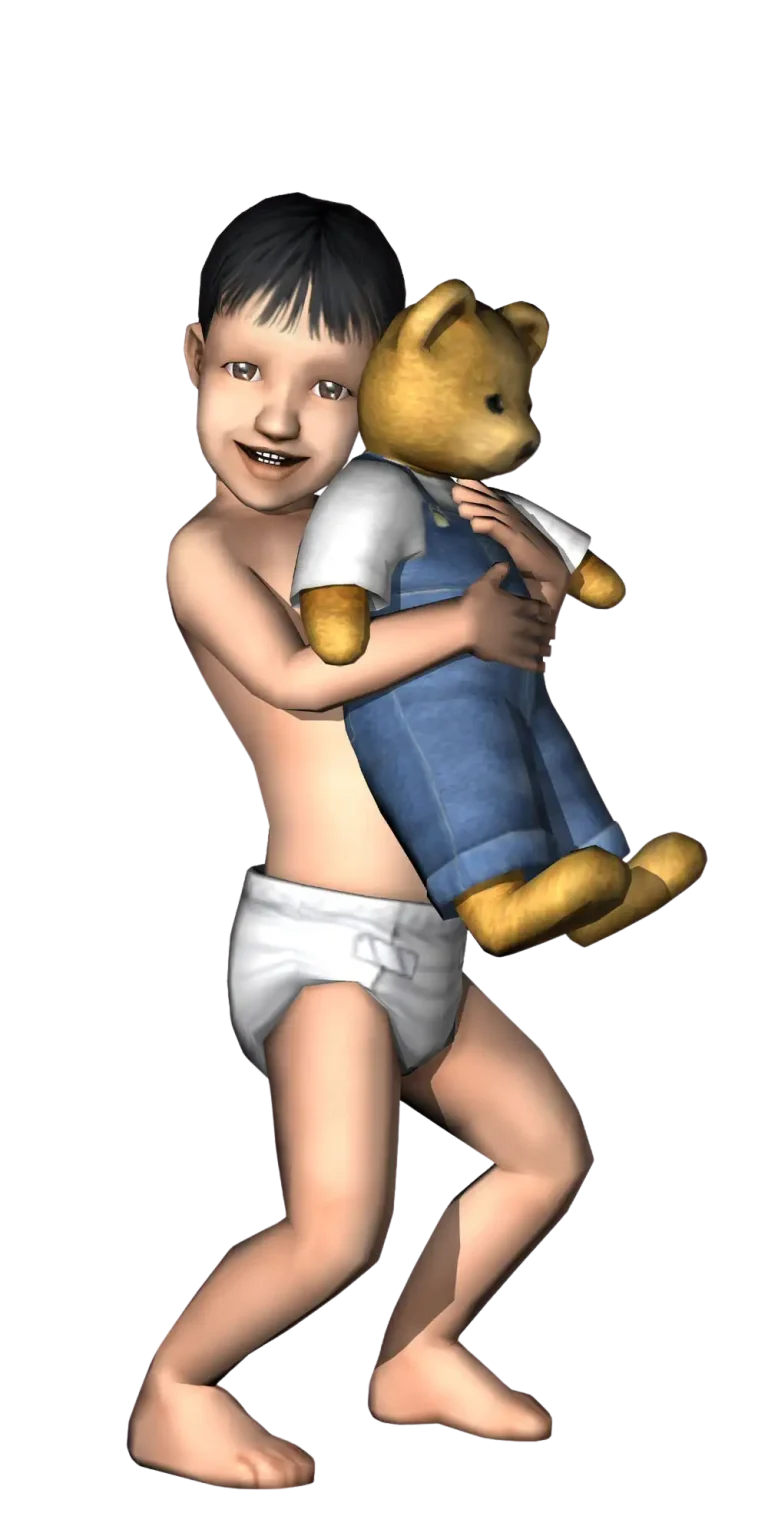 A promotional render for The Sims 2 showing a toddler Sim against a dark blue background. They have short dark hair and are wearing a white diaper. They are smiling brightly and holding a large yellow teddy bear, which is dressed in a white shirt and blue overalls.