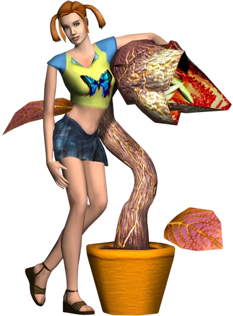 A promotional render for The Sims Bustin' Out showing a Sim posing with a large, potted carnivorous plant against a dark blue background. The Sim has orange hair styled in pigtails and is wearing a yellow and blue crop top with a butterfly design, a short blue plaid skirt, and brown sandals. They are leaning casually against the plant's thick stem, right next to its large, open mouth filled with teeth.