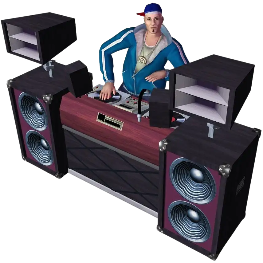 A promotional render for The Sims Bustin' Out showing a Sim acting as a DJ against a dark blue background. The Sim has a goatee and is wearing a backward blue baseball cap, an open blue track jacket over a white shirt, and a thick silver chain necklace. They are standing behind a large wooden DJ booth equipped with turntables and flanked by tall black and purple speaker towers, resting one hand on a record.