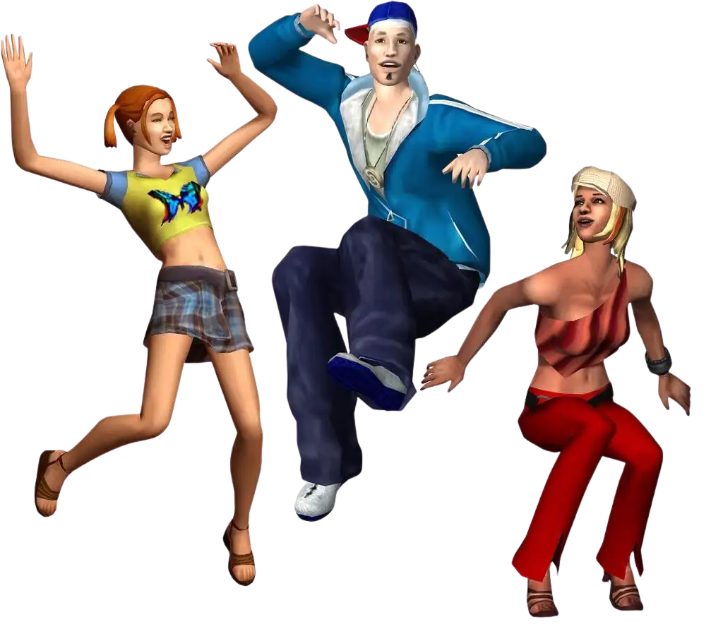 A promotional render for The Sims Bustin' Out showing three Sims dancing energetically against a dark blue background. On the left, a Sim with orange pigtails is wearing a yellow crop top with a blue butterfly graphic and a short plaid skirt. In the center, a Sim with a goatee is wearing an open blue track jacket, a white shirt, dark blue pants, and a backwards blue baseball cap. On the right, a Sim with blonde hair is wearing an asymmetrical red top, red pants, and a white beanie.