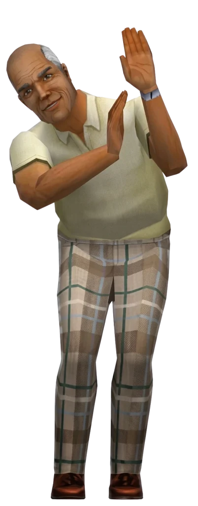 A promotional render from the original The Sims game featuring an older male Sim with a receding hairline and white hair against a solid dark blue background. He is wearing a light yellow polo shirt, a silver watch, and beige plaid shorts. He is leaning forward slightly and clapping his hands together with a cheerful, smiling expression.