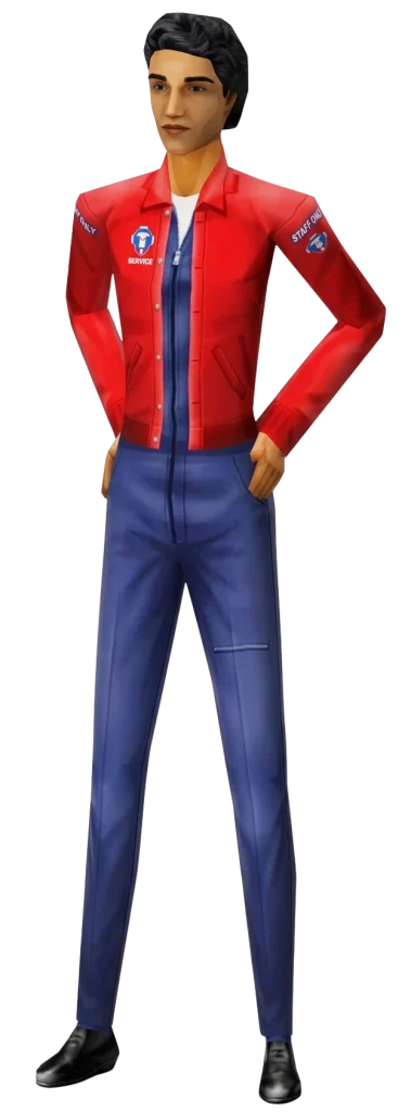 A promotional render from the original The Sims game featuring a male Sim with dark, wavy hair against a solid dark blue background. He is wearing a red zip-up jacket with blue accents over blue pants. The jacket features several custom patches, including a shield-shaped patch that reads "SERVICE" on the chest and a shoulder patch that reads "STAFF ONLY." He is standing casually with his hands resting in his pockets.
