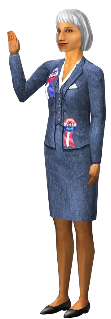 Female Senator Politician Render Alt text: A promotional render from the original The Sims game featuring an older female Sim against a solid dark blue background. She has short, sleek white hair and is wearing a textured blue suit jacket. She has two political campaign ribbons pinned to her jacket, with the bottom one clearly reading "VOTE SENATOR." She is looking forward with a serious expression and has her right hand raised as if taking an oath of office.
