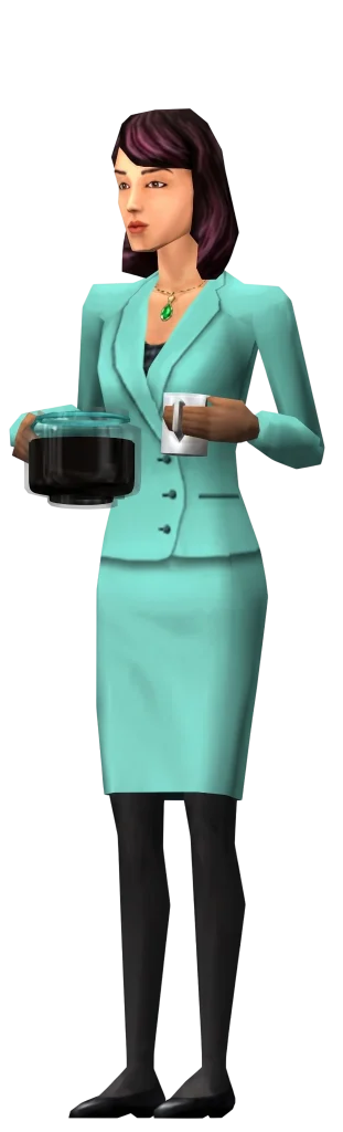 A promotional render from the original The Sims game featuring a female Sim against a solid dark blue background. She has shoulder-length dark hair with subtle auburn highlights and is wearing a light blue suit jacket paired with a striking green gemstone necklace. She is holding a glass coffee pot in her right hand and a white ceramic mug in her left hand, looking thoughtfully off to the side.