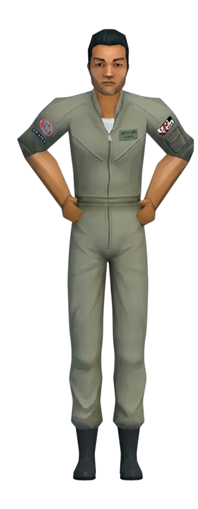 A promotional render from the original The Sims game featuring a male Sim with dark hair and slight stubble against a solid dark blue background. He is wearing a light greenish-grey zip-up flight suit or coveralls adorned with several patches on the sleeves and a name tag on the chest. He is standing confidently with his hands resting on his hips