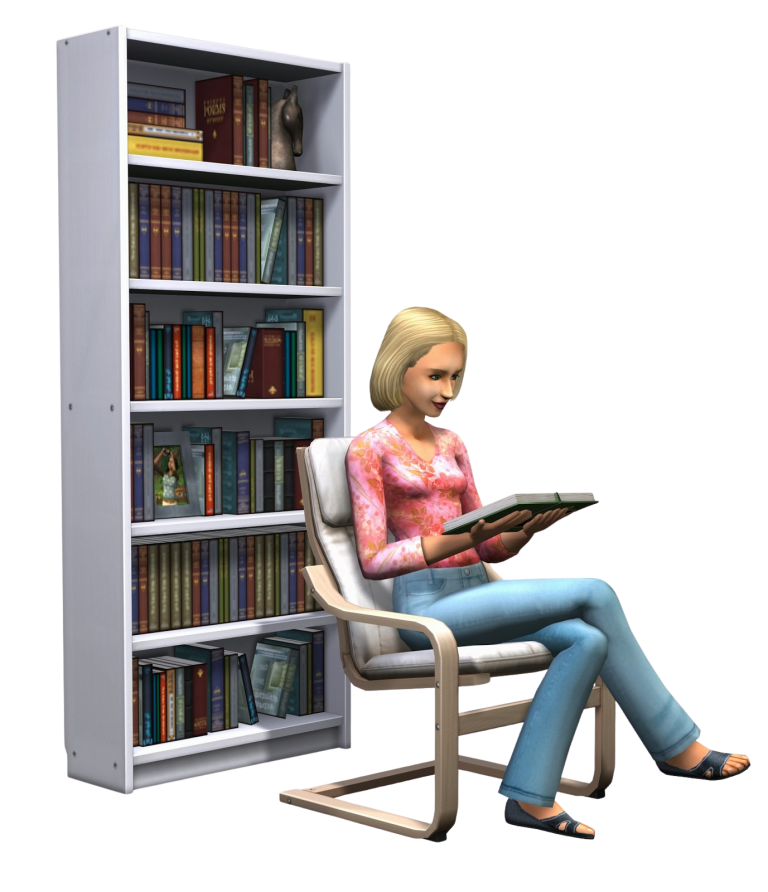 the-sims-2-ikea-home-stuff-render-woman-reading-beside-tall-bookcase