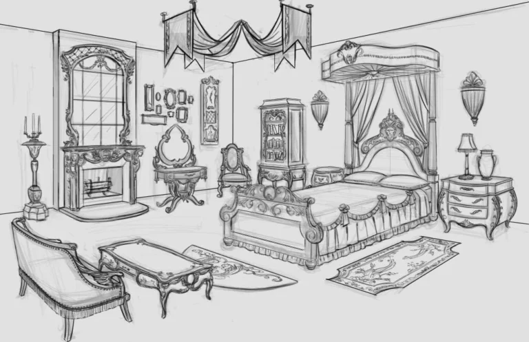 Detailed hand-drawn concept sketch of a gothic vampire's bedroom from The Sims 3: Supernatural, featuring an ornate canopy bed, fireplace, vintage furniture, and draped fabrics.